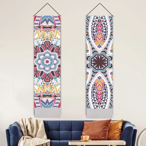 Arazzo Da Parete Mandala Boemo Decorazione In Tessuto Verticale Lungo Con Asta In Legno E Nappe