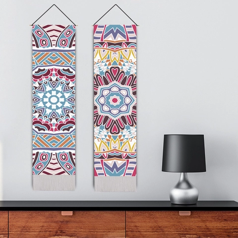 Arazzo Da Parete Mandala Boemo Decorazione In Tessuto Verticale Lungo Con Asta In Legno E Nappe