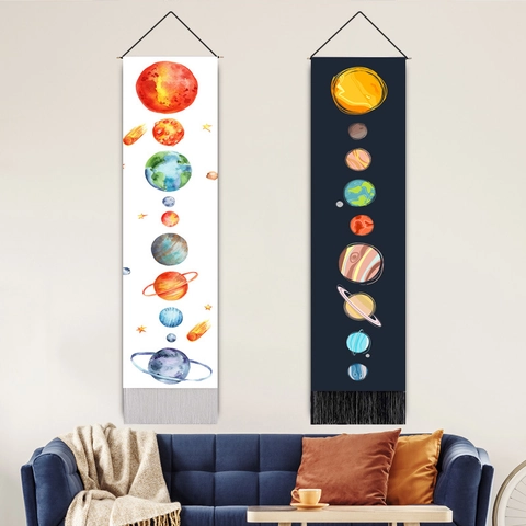 Solar System Planets Wall Hanging Tapestry Educational Space Universe Poster With Wood Pole And Tassels For Kids Room Decor