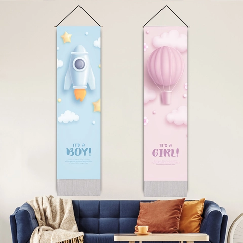 Rocket Hot Air Balloon Fabric Wall Hanging Tapestry With Tassels Nursery Room Baby Shower Decor Vertical Banner