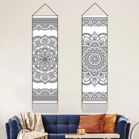 Minimalist Line Art Mandala Wall Hanging Tapestry Vertical Long Boho Banner With Tassels And Wooden Pole Home Decor