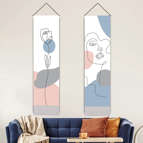 Minimalist Line Art Wall Tapestry Abstract Face Floral Decorative Long Hanging Scroll Polyester Cotton With Wood Pole Tassel