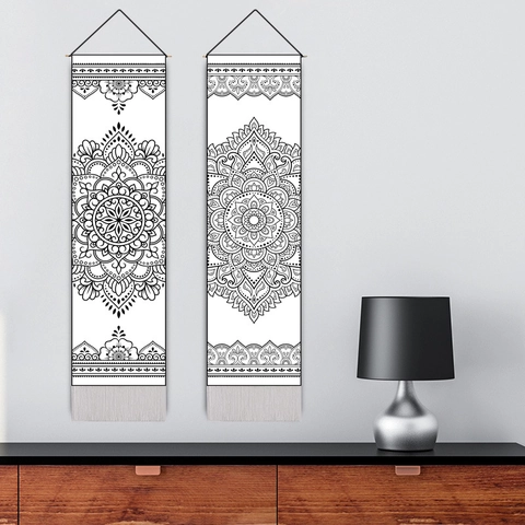 Minimalist Line Art Mandala Wall Hanging Tapestry Vertical Long Boho Banner With Tassels And Wooden Pole Home Decor