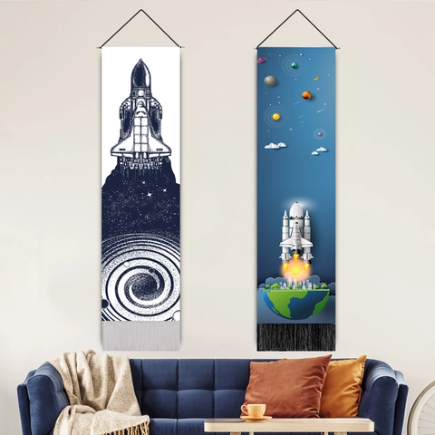 Astronaut Space Wall Tapestry Cotton Linen Vertical Scroll With Tassel Wooden Rod For Boys Bedroom Decor Minimalist Modern Galaxy Theme
