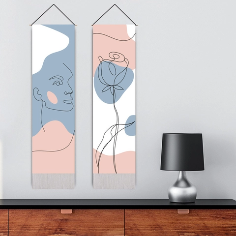 Minimalist Line Art Wall Tapestry Abstract Face Floral Decorative Long Hanging Scroll Polyester Cotton With Wood Pole Tassel
