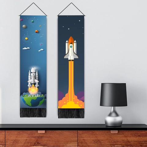 Astronaut Space Wall Tapestry Cotton Linen Vertical Scroll With Tassel Wooden Rod For Boys Bedroom Decor Minimalist Modern Galaxy Theme