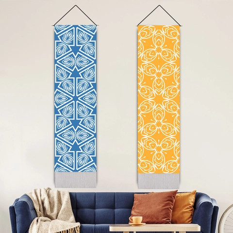 Lange Verticale Wandtapijt Boheems Mandala Geometrisch Patroon Polyester Katoen Met Houten Stok En Kwastjes