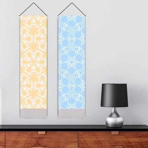 Lange Verticale Wandtapijt Boheems Mandala Geometrisch Patroon Polyester Katoen Met Houten Stok En Kwastjes