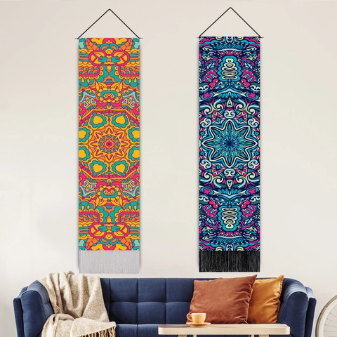 Mandala Wall Tapestry Polyester Cotton Long Hanging Scroll With Wooden Pole And Tassels Bohemian Ethnic Home Decor Art