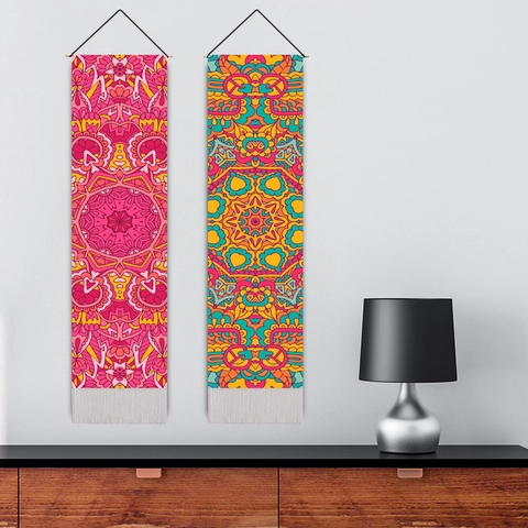 Mandala Wall Tapestry Polyester Cotton Long Hanging Scroll With Wooden Pole And Tassels Bohemian Ethnic Home Decor Art