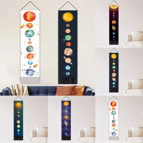 Solar System Planets Wall Hanging Tapestry Educational Space Universe Poster With Wood Pole And Tassels For Kids Room Decor