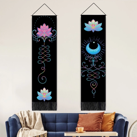 Vertical Long Wall Hanging Tapestry Mandala Lotus Moon Phase Polyester Cotton Zen Bohemian Room Decor With Tassels