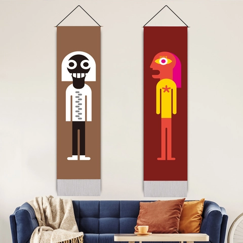 Vertical Wall Hanging Tapestry Abstract Art Figure Polyester Cotton Decorative Painting With Wood Pole Tassel For Living Room Home Decor