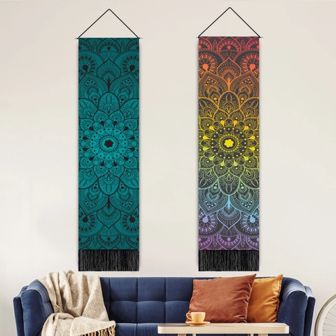 Mandala Pattern Wall Tapestry Polyester Cotton Bohemian Hanging Scroll With Wood Pole And Tassel Home Decor