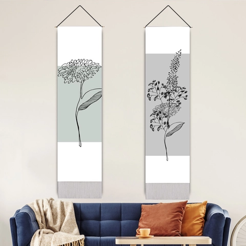 Vertical Wall Hanging Tapestry Long Floral Line Art Cotton Blend Fabric Scroll With Wood Rod And Tassel Nordic Minimalist
