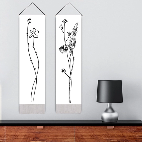 Vertical Wall Hanging Tapestry Long Floral Line Art Cotton Blend Fabric Scroll With Wood Rod And Tassel Nordic Minimalist