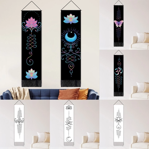 Vertical Long Wall Hanging Tapestry Mandala Lotus Moon Phase Polyester Cotton Zen Bohemian Room Decor With Tassels