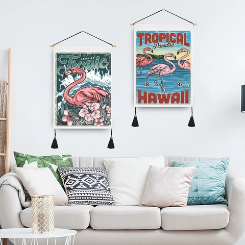 Arazzo da Parete con Stampa di Fenicotteri e Piante Tropicali Nordiche Poster Decorativo in Misto Poliestere Cotone