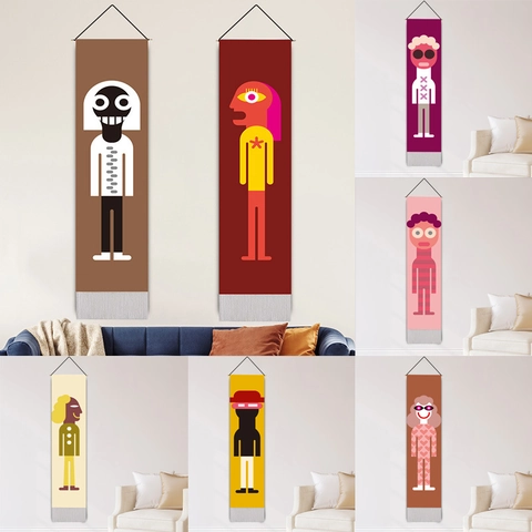 Vertical Wall Hanging Tapestry Abstract Art Figure Polyester Cotton Decorative Painting With Wood Pole Tassel For Living Room Home Decor