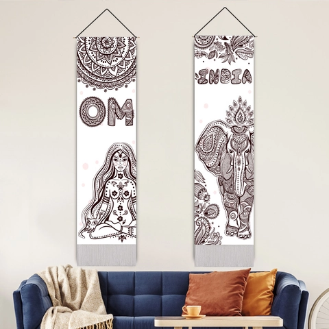Arazzo Da Parete Verticale Lino Di Cotone Bohemien Mandala Elefante Yoga Meditazione Pittura A Scorrimento Con Nappa Decorazione