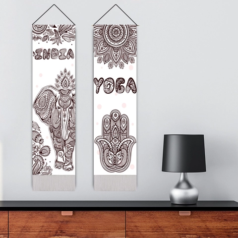 Arazzo Da Parete Verticale Lino Di Cotone Bohemien Mandala Elefante Yoga Meditazione Pittura A Scorrimento Con Nappa Decorazione