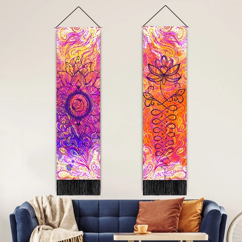 Long Vertical Hanging Tapestry Bohemian Lotus Mandala Wall Art Cotton Linen With Tassels And Wooden Pole