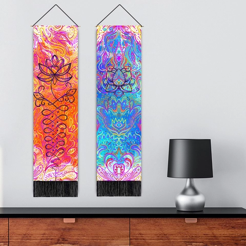 Long Vertical Hanging Tapestry Bohemian Lotus Mandala Wall Art Cotton Linen With Tassels And Wooden Pole