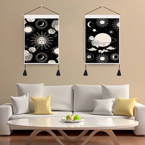 Mystic Tarot Wall Tapestry Polyester Cotton Sun Moon Celestial Hanging With Wooden Rod Tassels Bohemian Vintage Decor