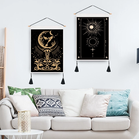 Mystic Tarot Wall Tapestry Polyester Cotton Sun Moon Celestial Hanging With Wooden Rod Tassels Bohemian Vintage Decor
