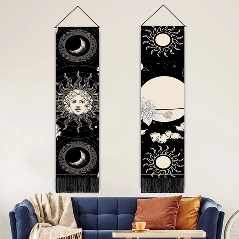 Arazzo Da Parete Mandala Tarot Boemo Lungo Verticale Design Sole Luna Stella Con Nappine Cotone Lino
