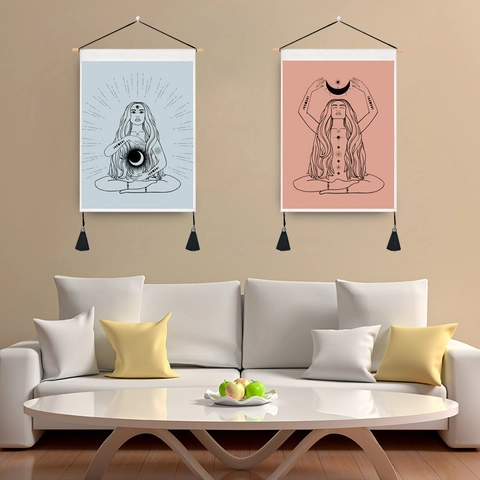 Boho Wall Tapestry Hanging Painting Cotton Polyester With Wooden Rod Moon Phase Mystical Woman Art Home Decor