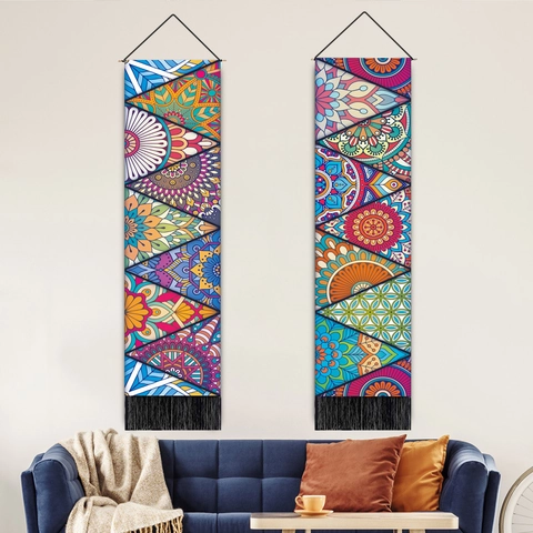 Mandala Wall Hanging Tapestry Polyester Cotton Geometric Bohemian Home Decor With Wooden Rod And Tassels Vertical Scroll