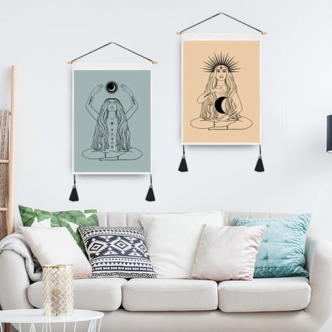 Boho Wall Tapestry Hanging Painting Cotton Polyester With Wooden Rod Moon Phase Mystical Woman Art Home Decor