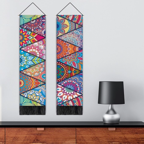Mandala Wall Hanging Tapestry Polyester Cotton Geometric Bohemian Home Decor With Wooden Rod And Tassels Vertical Scroll