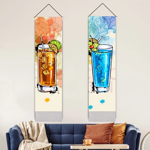 Vertical Hanging Tapestry Wall Scroll Polyester Cotton Cocktail Drinks Illustration With Wooden Rod And Tassels For Home Decor