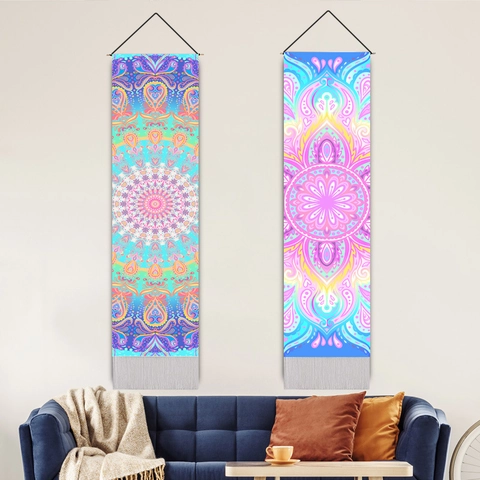 Mandala Tapestry Wall Hanging Bohemian Cotton Linen With Wood Pole And Tassel Vertical Home Decor