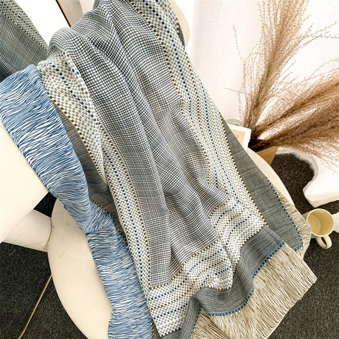 Bufanda Chal A Rayas Mezcla Algodón Lino Patrón Geométrico Con Borlas Largo Elegante Versátil Para Mujeres