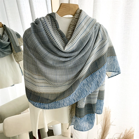 Bufanda Chal A Rayas Mezcla Algodón Lino Patrón Geométrico Con Borlas Largo Elegante Versátil Para Mujeres