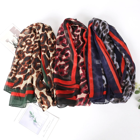 Sciarpa Stampa Leopardata Donna Moda Leggero Traspirante Protezione Solare Scialle Da Spiaggia Chiffon Accessorio