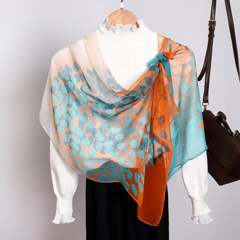 Sciarpa Leggera In Georgette Da Donna Stampa Floreale Foglie Scialle Protezione Solare Estiva Vintage