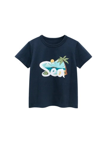 Kids Short Sleeve T-Shirt Cotton Cartoon Beach Sea Print Round Neck Casual Summer Top For Boys Girls