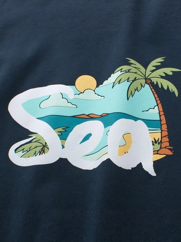 Kids Short Sleeve T-Shirt Cotton Cartoon Beach Sea Print Round Neck Casual Summer Top For Boys Girls