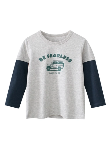 Kids Boys Fake Two-Piece Long Sleeve T-Shirt 100% Cotton Round Neck Casual Cartoon Jeep Print Top Autumn Clothing