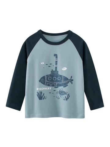 Boys Cartoon Ocean Discovery Raglan Long Sleeve T-Shirt Cotton Breathable Crew Neck Top For Toddler Kids