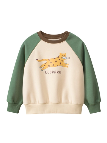 Felpa in Pile per Bambini Maniche Raglan Girocollo Stampa Leopardo Pullover Neonato Cartone Animato Casual Caldo Autunno Inverno