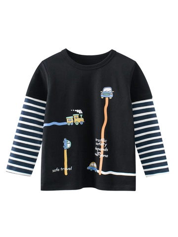 Maglietta Maniche Lunghe Bambino Cotone Stampa Auto Cartoni Maniche Righe Casual Nero Girocollo Top Kids