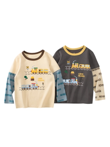Boys Long Sleeve T-Shirt Cotton Cartoon Train Print Patchwork Crew Neck Casual Spring Autumn Tops