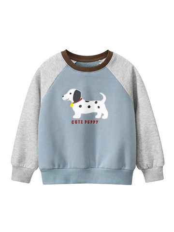 Felpa da Ragazzo con Stampa Cane Cartoon Manica Raglan Calda Foderata in Pile Pullover Girocollo Casual Misto Cotone