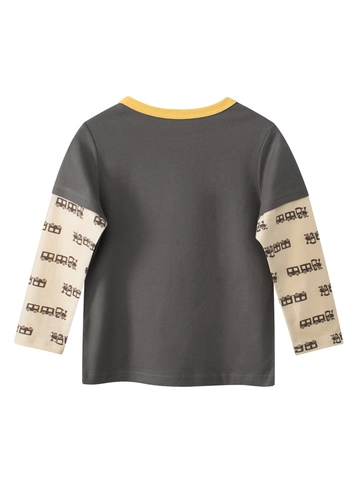 Boys Long Sleeve T-Shirt Cotton Cartoon Train Print Patchwork Crew Neck Casual Spring Autumn Tops