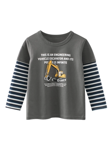 Jungen Mode Baumwolle Langarmshirt Bagger-Print Lagen-Look Top Gestreifte Ärmel Casual Kinder Frühling Herbst Kleidung